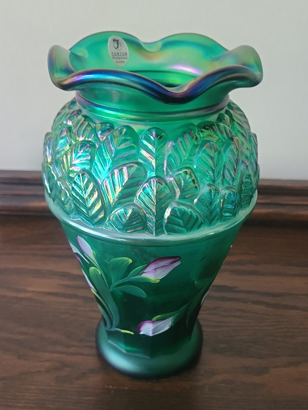 Fenton Green Iridescent Handpainted Vintage Glass Vase - Picture 2 of 9